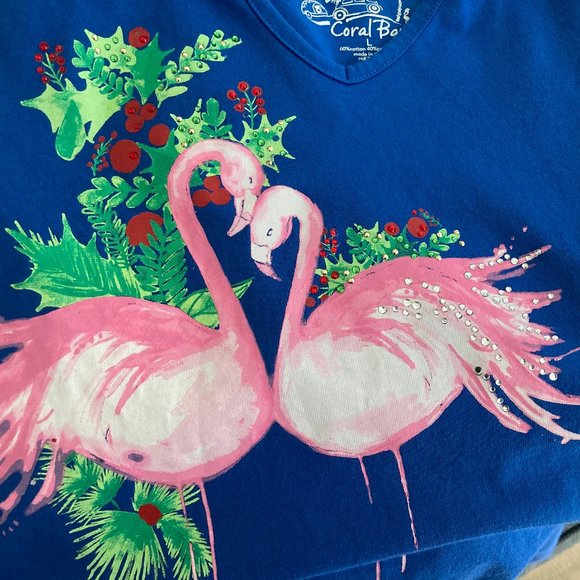Coral Bay Holiday Royal Blue Top with Pink Flamingos Large - Picture 5 of 6